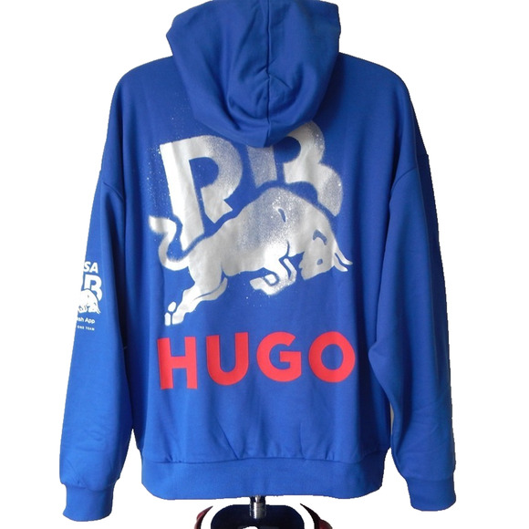 NWT HUGO Running Bulls Graphic Pullover Hoodie Blue in Cotton Terry Men's LARGE - Picture 10 of 13